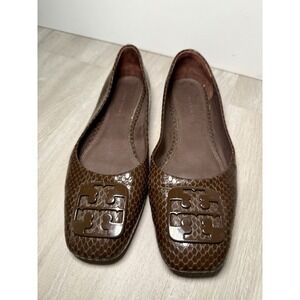Tory Burch Brown Snake Embossed Leather Logo Medallion Ballet Flats Womens 5.5